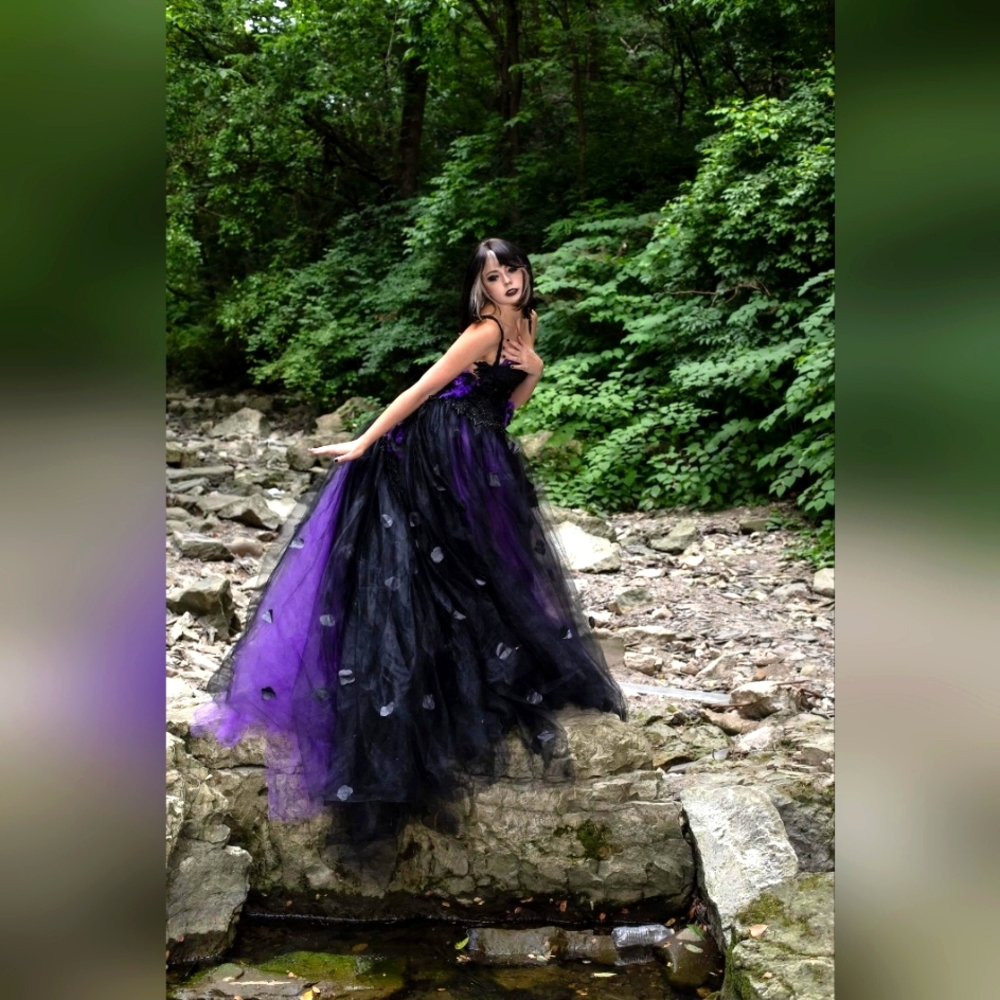 "LADY ANA" Custom Order Black & Purple Rose Petal Tulle Wedding Ballgown Set - Picture 6 of 13